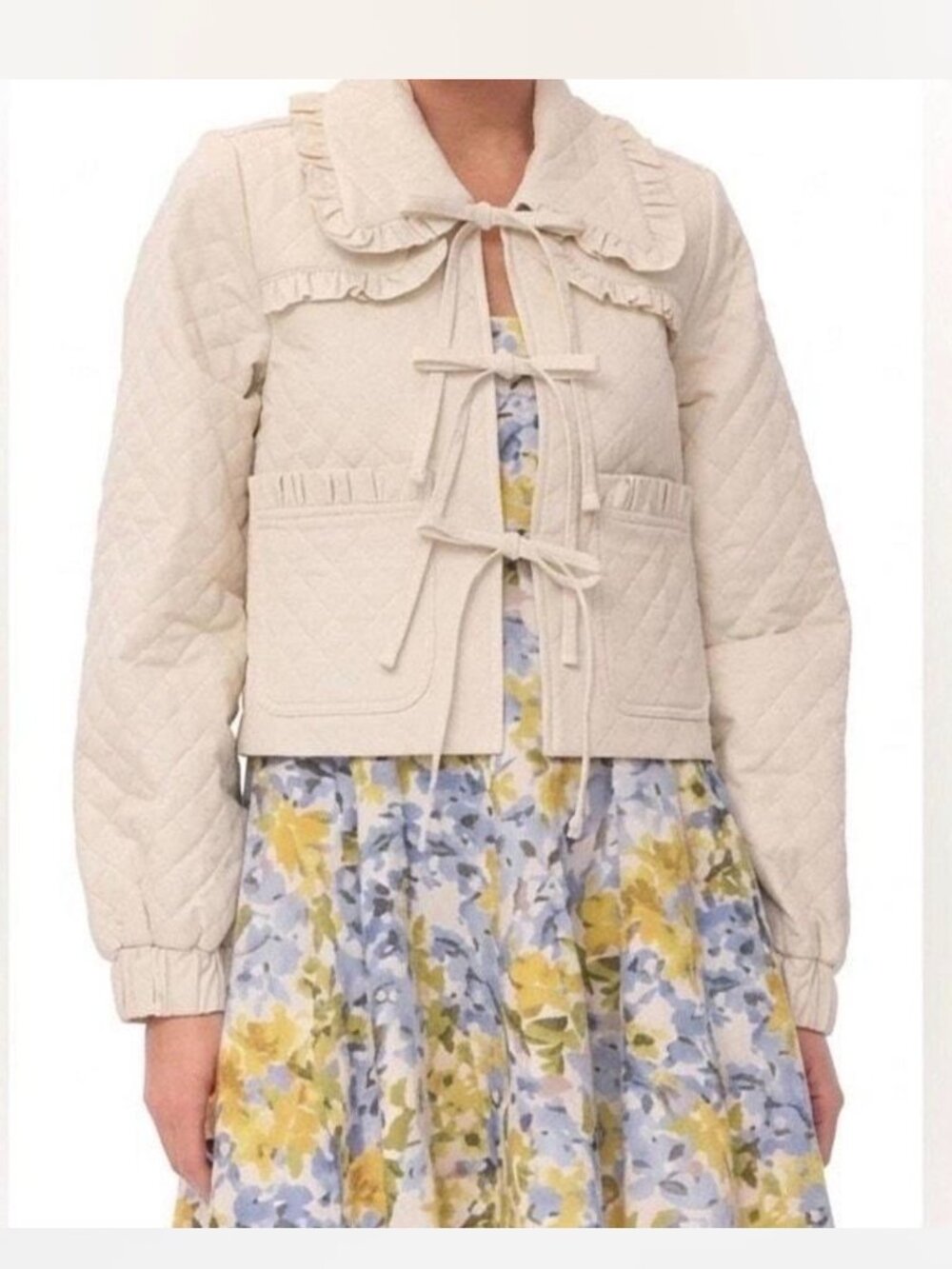 Avec Les Filles Ruffle Collar Quilted Jacket Ivory Women's XL NWT